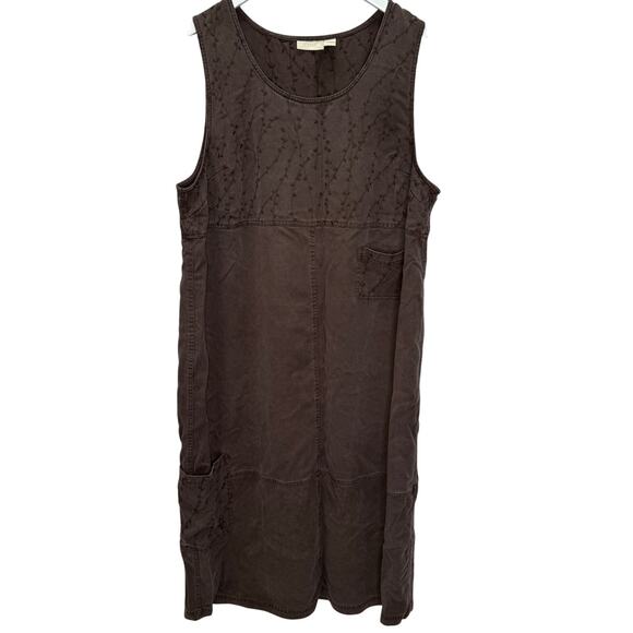 J Jill Sleeveless Brown Denim Dress Size 3X Floral Embroidered Pockets Jumper - Picture 1 of 6